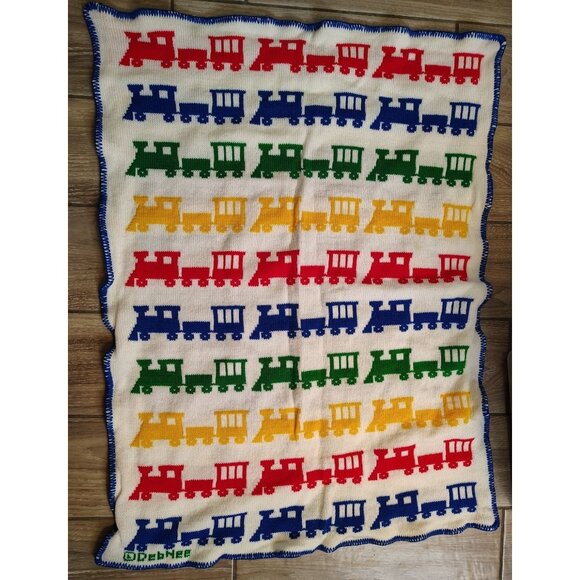 Vintage Debnee Knitted Blanket Train Joseph Baby Toddler Red Yellow Green Blue - Picture 1 of 3